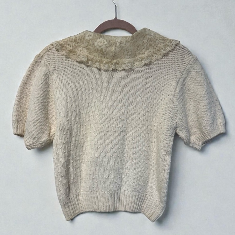 Vintage Herman Geist Cream Linen Cotton Lace Knit Top Medium - Picture 2 of 3